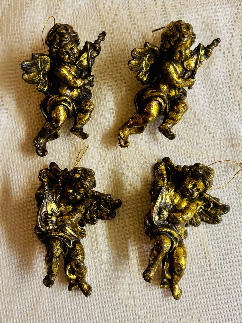 4 Vintage Gold 3D Cherub Blow-Mold Ornaments Playing Instruments.Christmas
